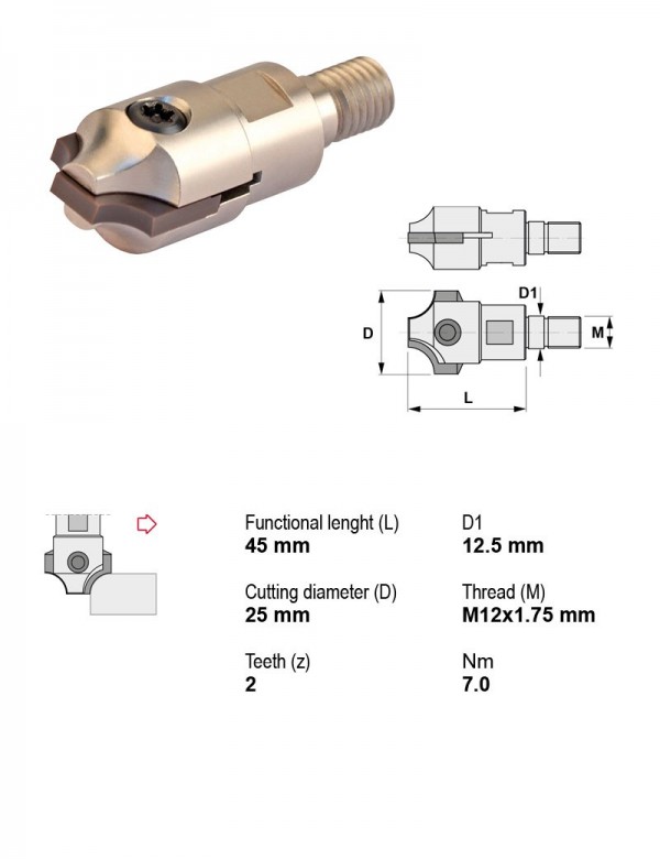 Фреза сборная Ø25 мм, 2 зуб., хвостовик M12X1