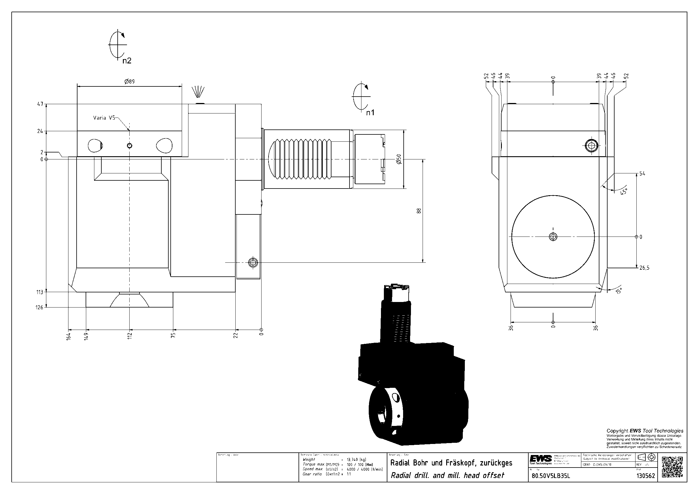 Головка приводная радиальная сверлильно-фрезерная со смещением EWS 80.50V5LB35L, хвостовик Ø50, EWS - Varia V5- адаптер
