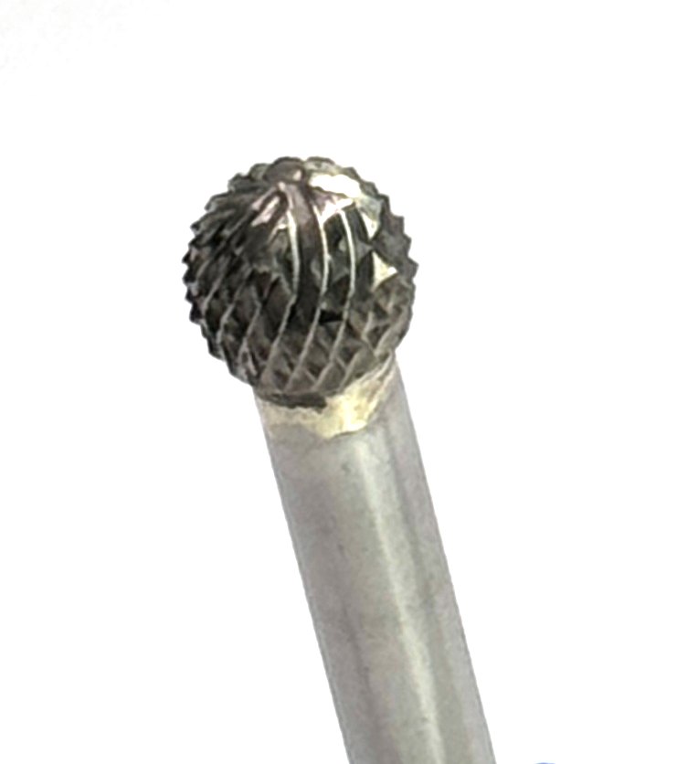 Бор-фреза твердосплавная, форма D (шаровая), насечка алмазная (04), D020004, Ø2 мм, хвостовик Ø3 мм, длина головки 1,7 мм, общая длина 38 мм